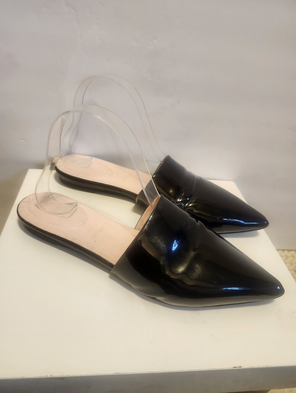 Everlane "The Boss" Black Patent Leather Pointy Toe Flat Mules Sz.9 Ret.$195